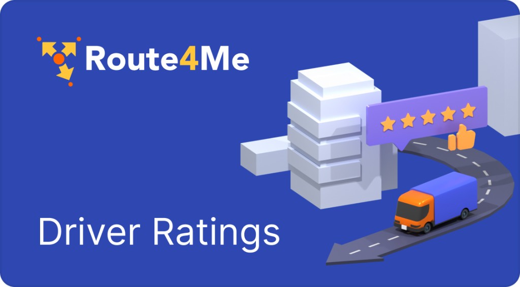 Illustration of Route4Me's Driver Ratings feature with white stacked boxes, purple 5-star rating, thumbs up icon, and orange delivery truck on a curved road. Blue background with Route4Me logo.